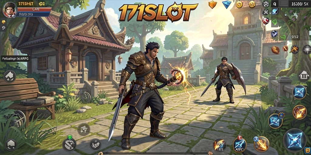 Tangkapan layar gameplay mendebarkan dari 171SLOT dengan karakter menaklukkan musuh.