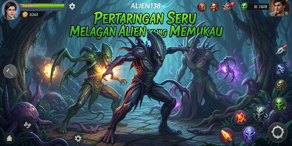 Screenshot gameplay menunjukkan aksi heroik melawan alien menyeramkan.