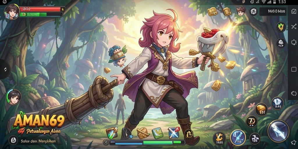 Tampilan seru dari gameplay AMAN69 di dunia anime.