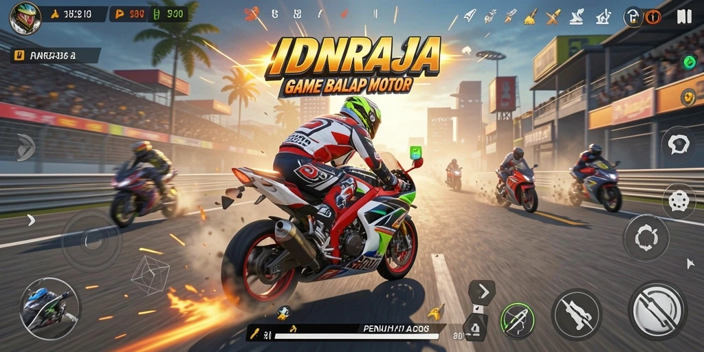 Tangkapan layar gameplay IDNRAJA menampilkan balapan motor yang mendebarkan.
