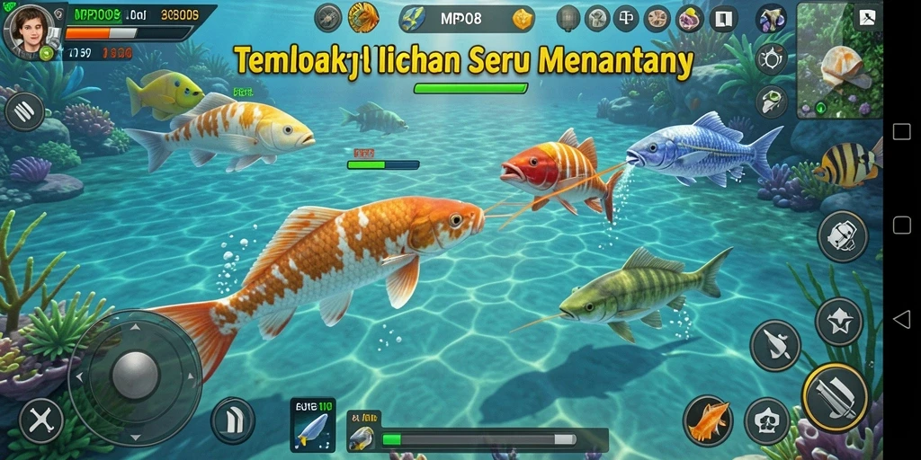 Screenshot MPO08 menampilkan aksi seru dalam berburu ikan.