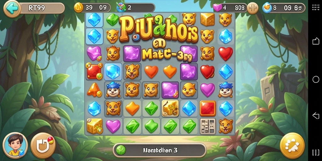 Screenshot RT99 menunjukkan gameplay Match-3 yang seru dan berwarna-warni.