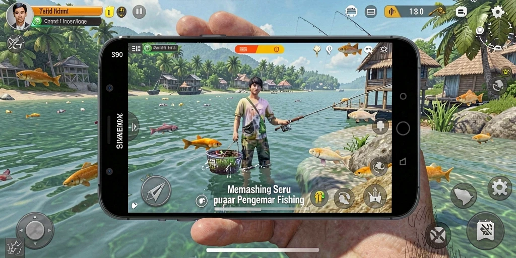 Screenshot gameplay S80 menunjukkan suasana memancing yang seru dan menenangkan.